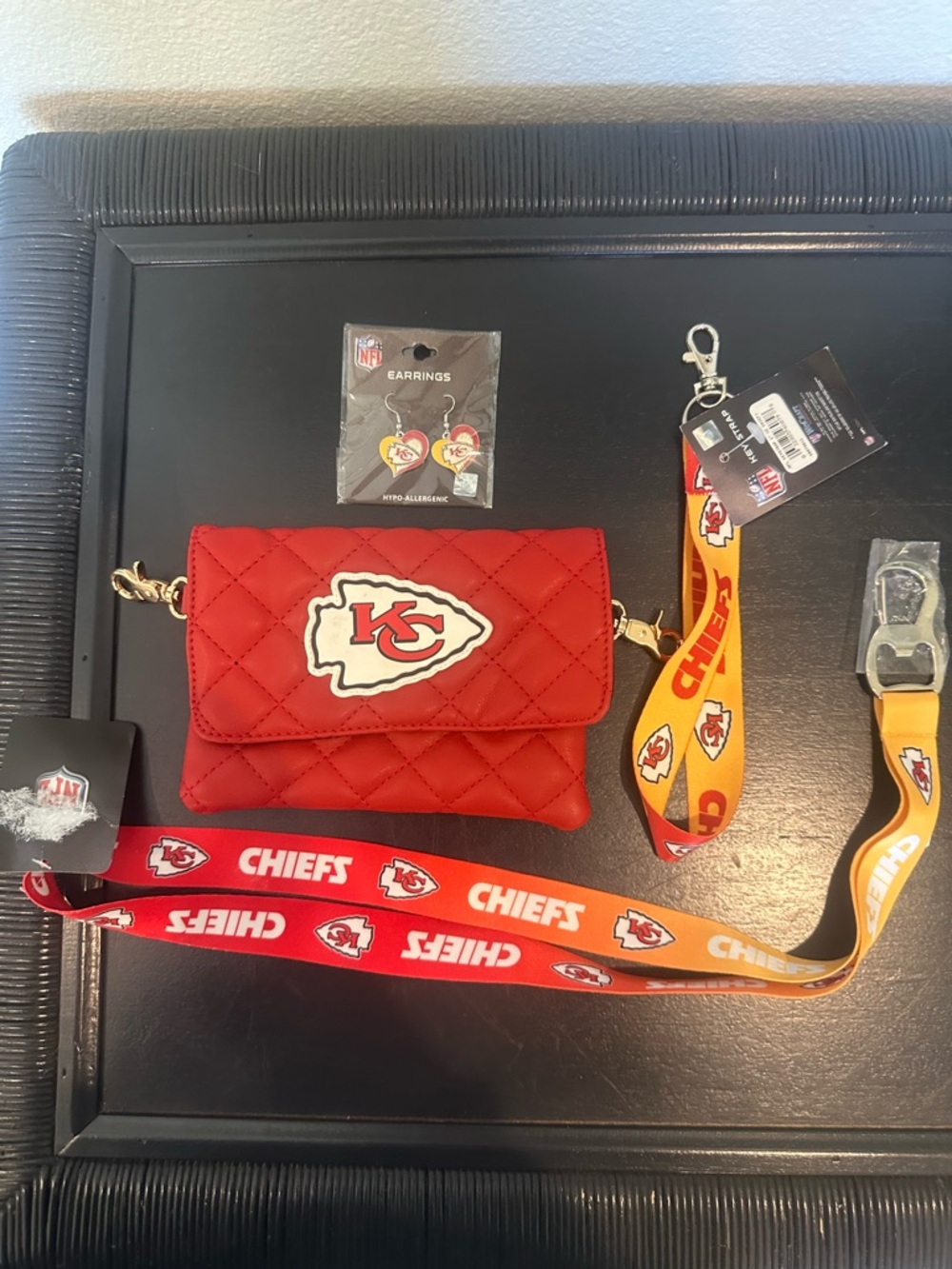 Red Quilted Crossbody Wristlet, Key Holder, and Earrings
